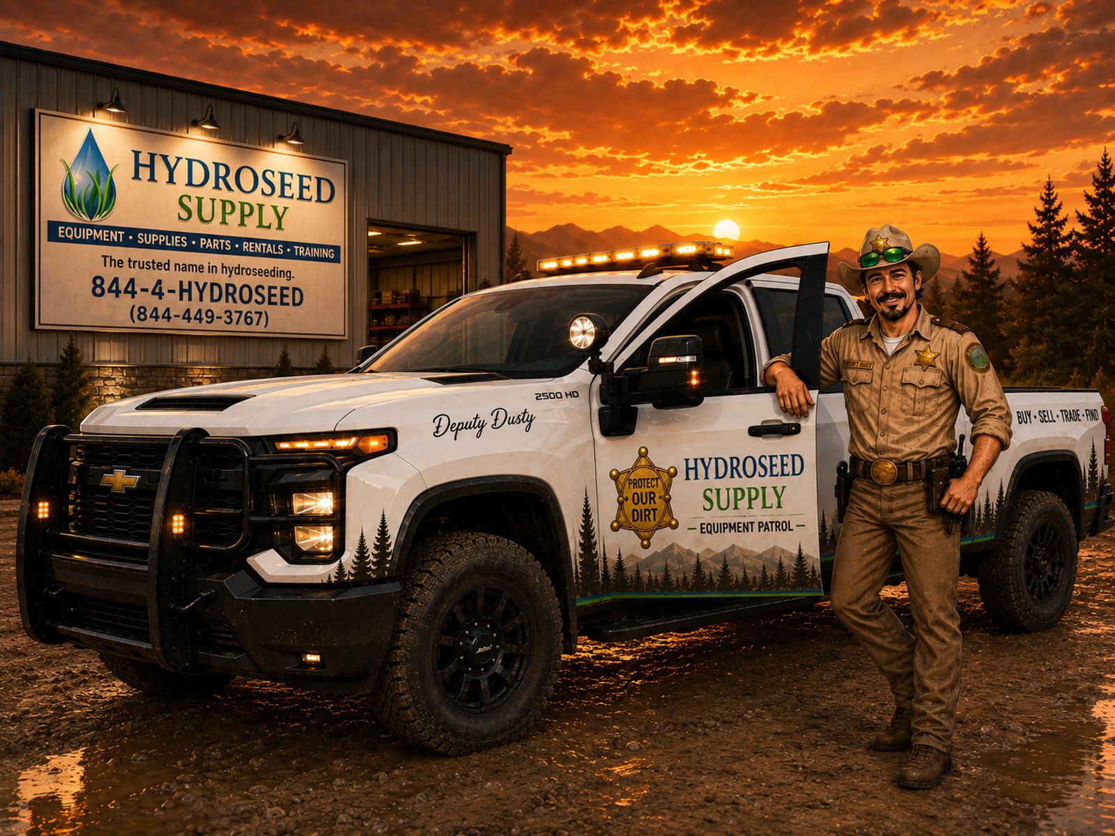 Deputy Dusty and the Hydroseed Supply Erosion Patrol truck at sunset